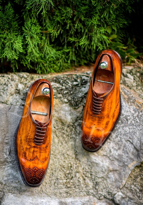 Handmade Tan Patina Oxford Shoes: Goodyear Welted Wholecut Leather Dress Shoes