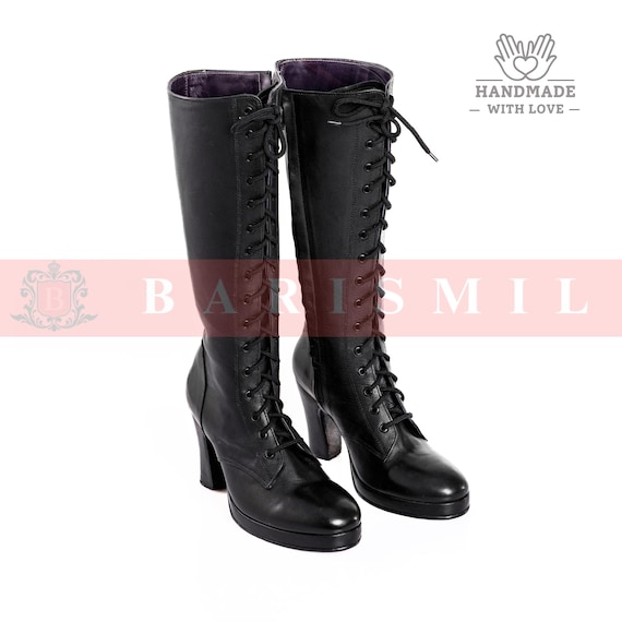 Handmade Black Leather Women Knee-High Boots: Lace-Up Heeled Winter Vintage Fashion Boots