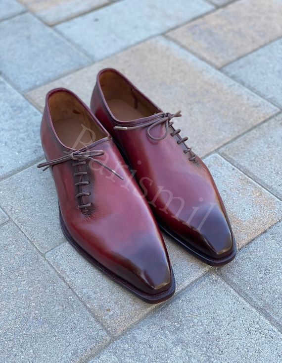Handmade Burgundy Leather Oxford Shoes: Men's Side Lace Whole Cut Dress Shoes