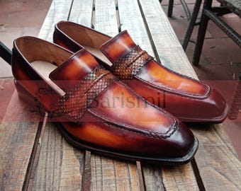 Handmade Cognac Leather Penny Loafers: Patina Calf Leather Slip-Ons