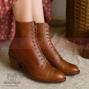Vintage Brown Leather Lace-Up Boots | Victorian-Inspired Ankle Boots for Women | Handmade Cuban Heel Booties | Retro Fall & Winter Footwear