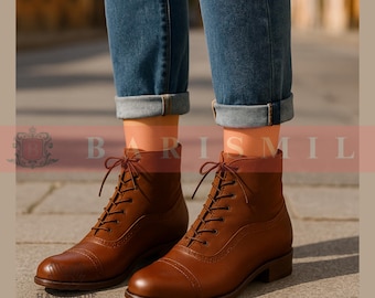 Handmade Brown Leather Women's Flat Ankle Boots | Two-Tone Suede Oxford Boots