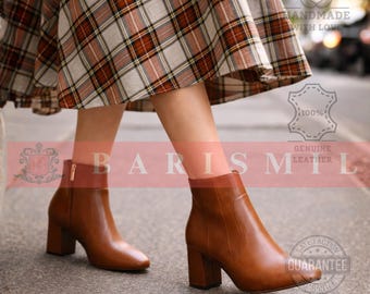 Stivaletti fatti a mano in pelle marrone, tacco a blocco, scarpe minimaliste con cerniera laterale