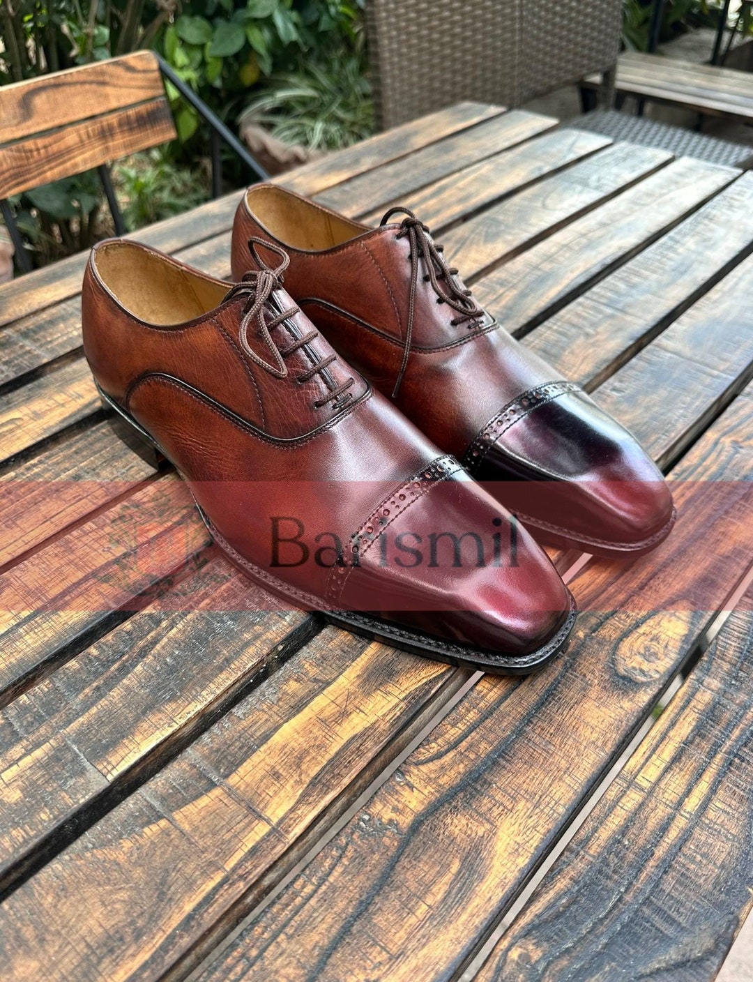 Handmade Burnished Brown Leather Oxford Shoes