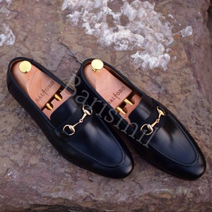 Black Leather Loafers for Men | Handmade Bit Loafers | Slip-On Dress Shoes | Horsebit Moccasins | Barismil Luxury Casual Office Shoes
