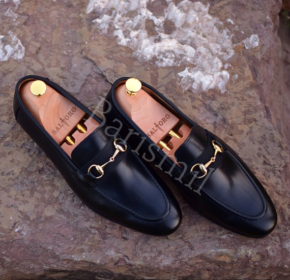 Handmade Black Leather Men Loafers: Italian Style Slip-Ons Horsebit Loafers