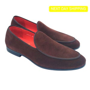 Mocassins masculinos de couro camurça feitos à mão - Sapatos mocassins masculinos - Mocassins casuais de camurça marrom - Mocassins sem cadarço para festa, casamento, baile de formatura.