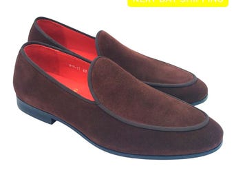 Handgemaakte suède loafers voor heren: chocoladebruine leren pantoffels