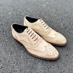 brand new handmade good year welted beige leather brogue oxford shoes for men, wide fit wingtip shoes