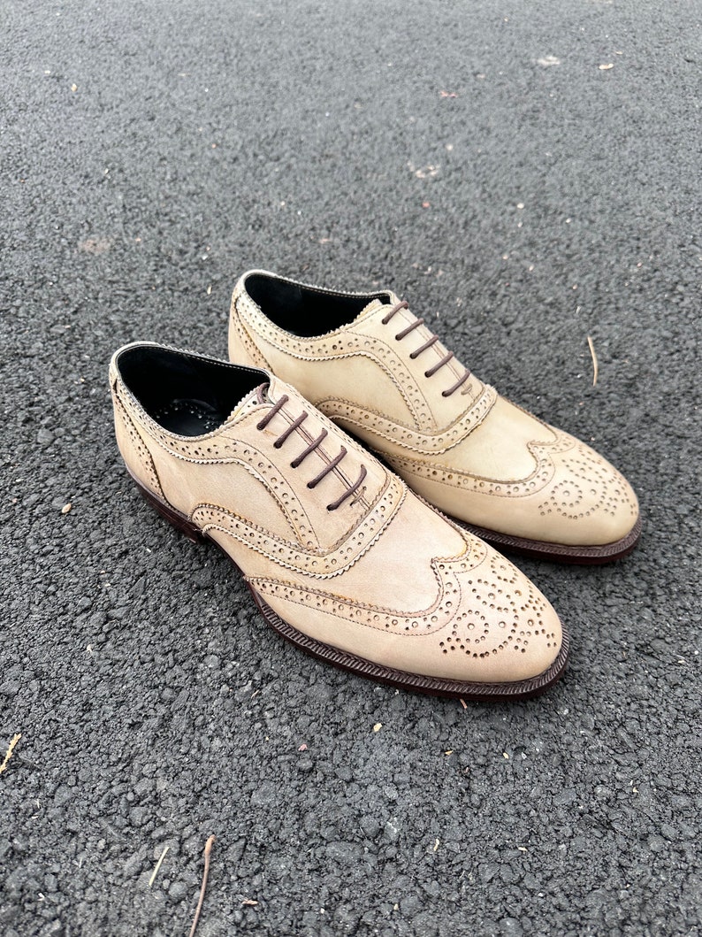 brand new handmade good year welted beige leather brogue oxford shoes for men, wide fit wingtip shoes