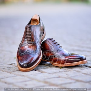 Men Handmade Brown Patina Wingtip Oxford Shoes - Brown Leather Lace Up Dress Shoes - Goodyear Welted Oxford Shoes - Formal Men Shoes