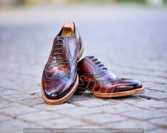 Handgemaakte bruin patina leren vleugeltip oxfordschoenen: Goodyear welted geklede schoenen