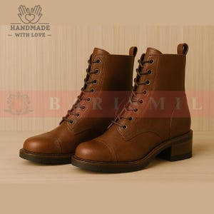 Brown Leather Ankle Boots Women – Handmade Lace-Up Combat Boots with Block Heel | Vintage Style Work Boots | Comfortable Fall Footwear