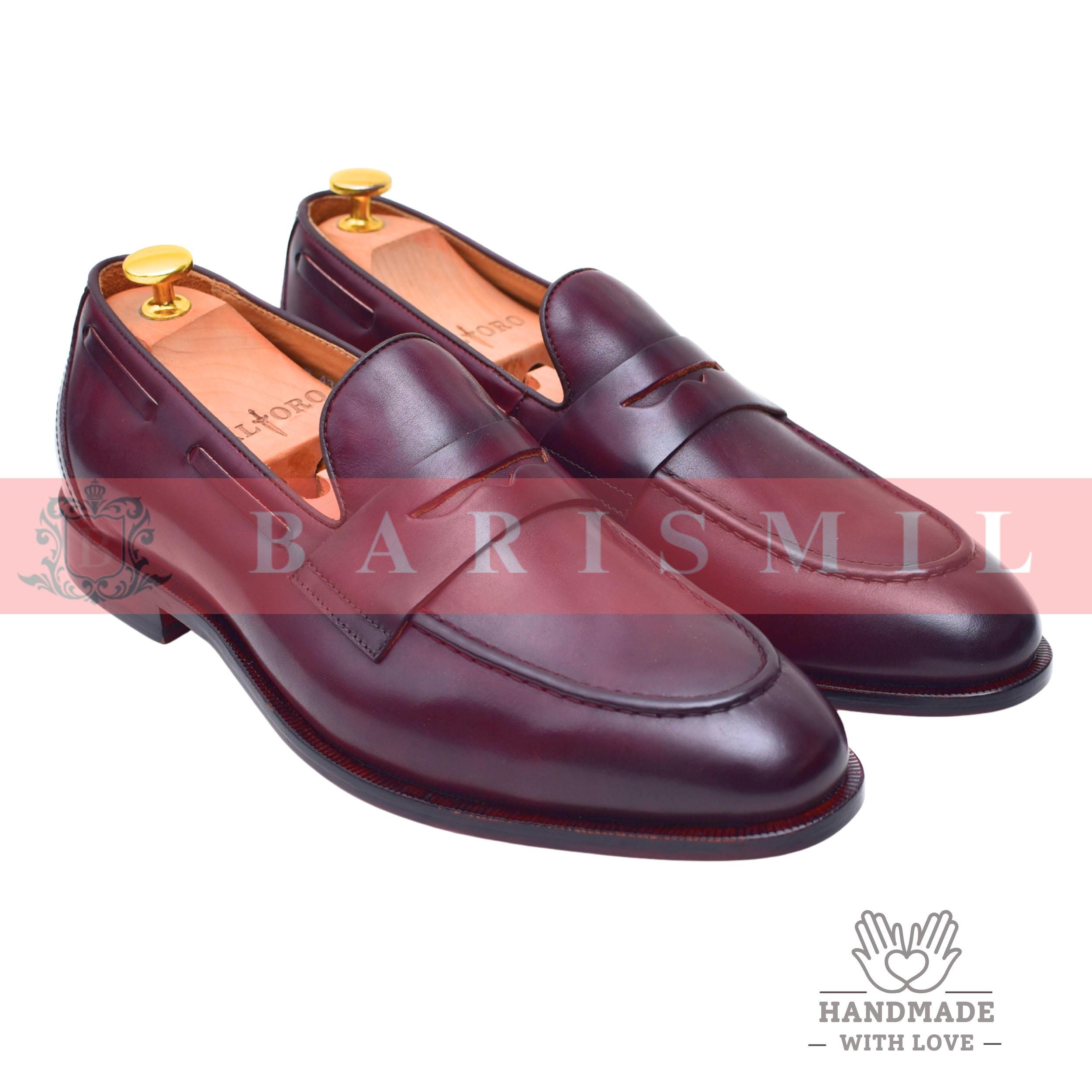 Handmade Burgundy Leather Penny Loafers: Men display picture 1