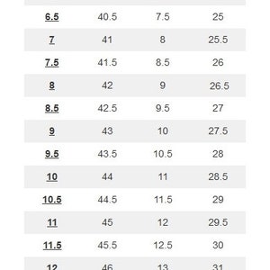 May include: A men's shoe size conversion chart showing UK, EU, US, and CM sizes. The chart lists sizes from 5.5 to 14 in UK sizes, with corresponding sizes in EU, US, and CM.