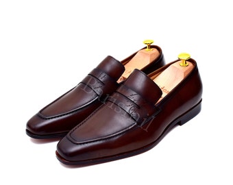 Handmade Brown Leather Penny Loafers: Men's Formal Dress Shoes