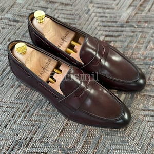 Handcrafted Men&#39;s Penny Loafer Shoes - Oxblood High Quality Leather Loafer Dress Shoes - Business Casual Loafers - Men Dress Up Loafers.