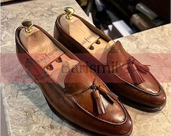Handmade Brown Leather Tassel Loafers: Men's Slip-On Dress Shoes
