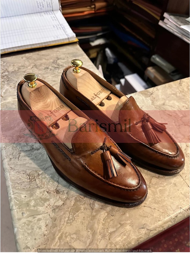 May include: A pair of brown leather tassel loafers with a wooden shoe tree inside. The shoe trees have the text "BALTORO" printed on them.