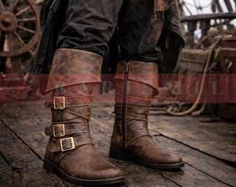 Herren Piratenstiefel - Handgefertigte Freibeuter, Wikinger, Cosplay Schuhe