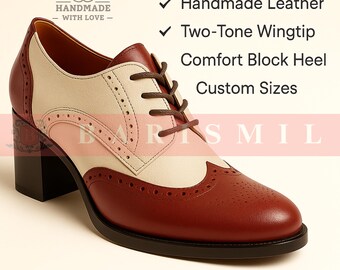 Handmade Leather Oxford Brogue Shoes: Two-Tone Wingtip Block Heels