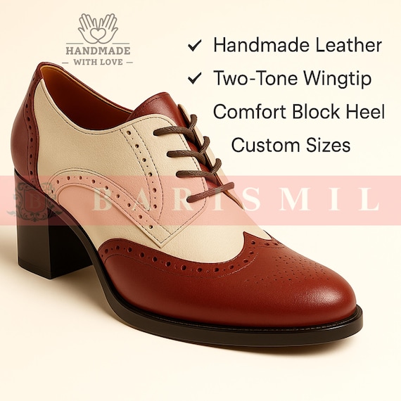 Handmade Leather Oxford Brogue Shoes: Two-Tone Wingtip Block Heels