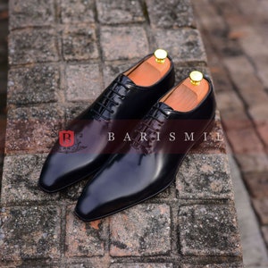 Handmade Whole Cut Black Leather Oxford Shoes | Leather Lace Up Formal Dress Shoes | Mens Custom Tailor Made Shoes | Bespoke Weeding Shoes