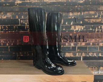Handcrafted Black Leather Officer Boots | Customized Black Cosplay Long Boots | Leather Officer Boots | Polo Horse Riding Work Wear Boots