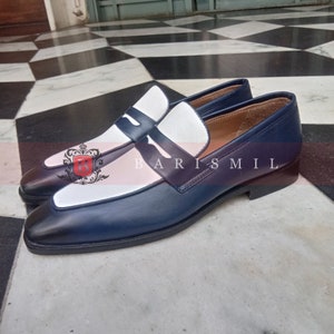 Men Handmade Blue & White Leather Spectator Shoes | Luxury Men’s Leather Formal Loafers | Business Casual Loafers | Slip on Leather Loafers