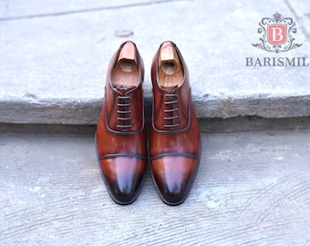 Handmade Brown Leather Oxford Dress Shoes: Patina Cap Toe Formal Shoes