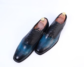 Handmade Blue Patina Leather Oxford Dress Shoes - Men Formal Shoes