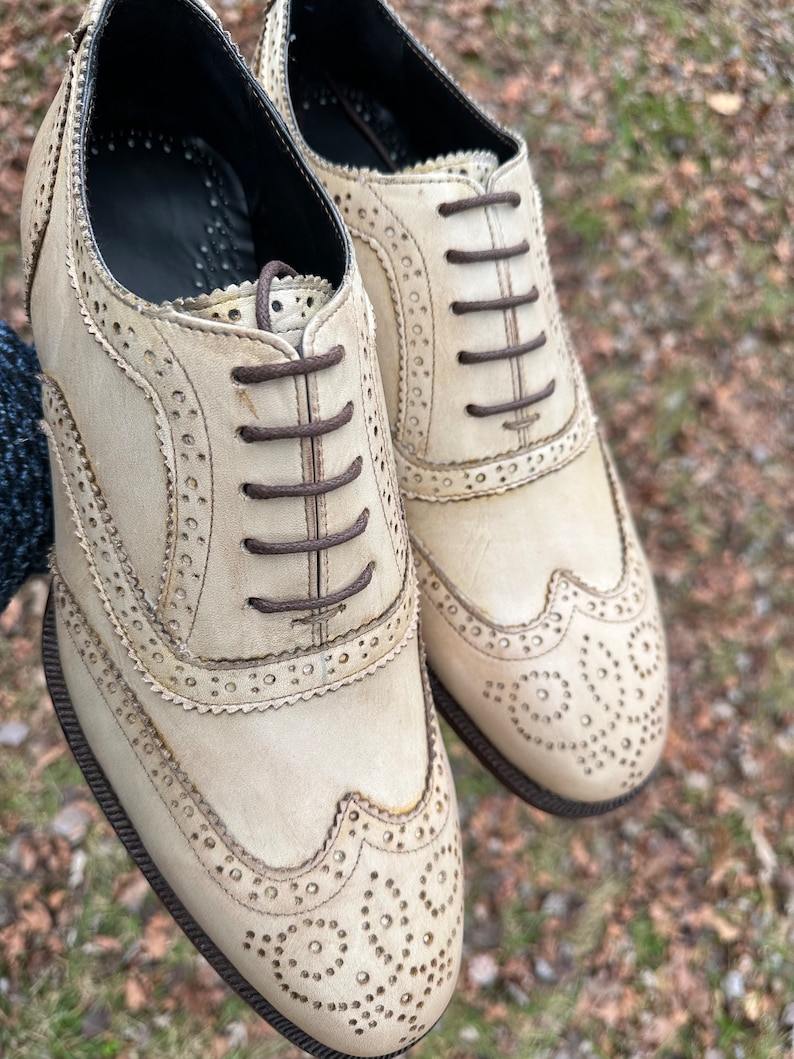 brand new handmade good year welted beige leather brogue oxford shoes for men, wide fit wingtip shoes