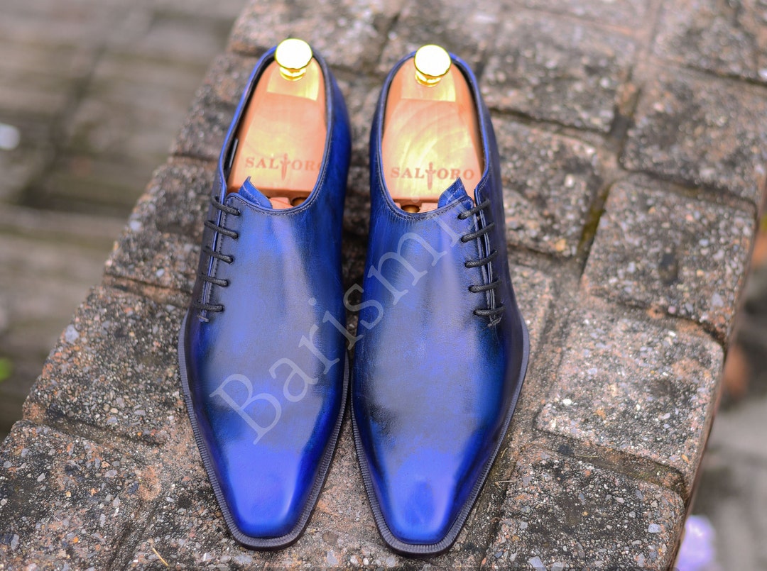 Men Side Lace Oxfords Handmade Bespoke Dress Shoes Navy Blue Patina