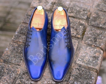 Handgefertigte Leder Oxfords: Herren Anzug Schuhe Navy Blau Patina