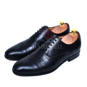 Handmade Black Leather Oxford Shoes: Croc Imprint Dress Shoes
