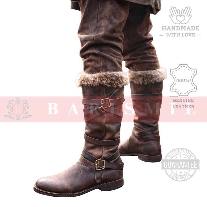 May include: Brown leather knee-high boots with fur trim at the top. The boots have multiple straps with buckles and a distressed finish. The image includes text that says "HANDMADE - WITH LOVE" and "100% GENUINE LEATHER".