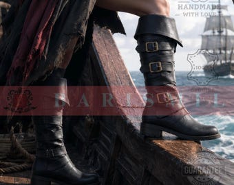 Botas piratas para mujer, botas de cuero negro, botas de feria renacentista, botas de disfraz de pirata, calzado de fantasía medieval, botas de espadachín.