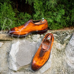 handmade goodyear welted patina leather whole cut oxford shoes for men