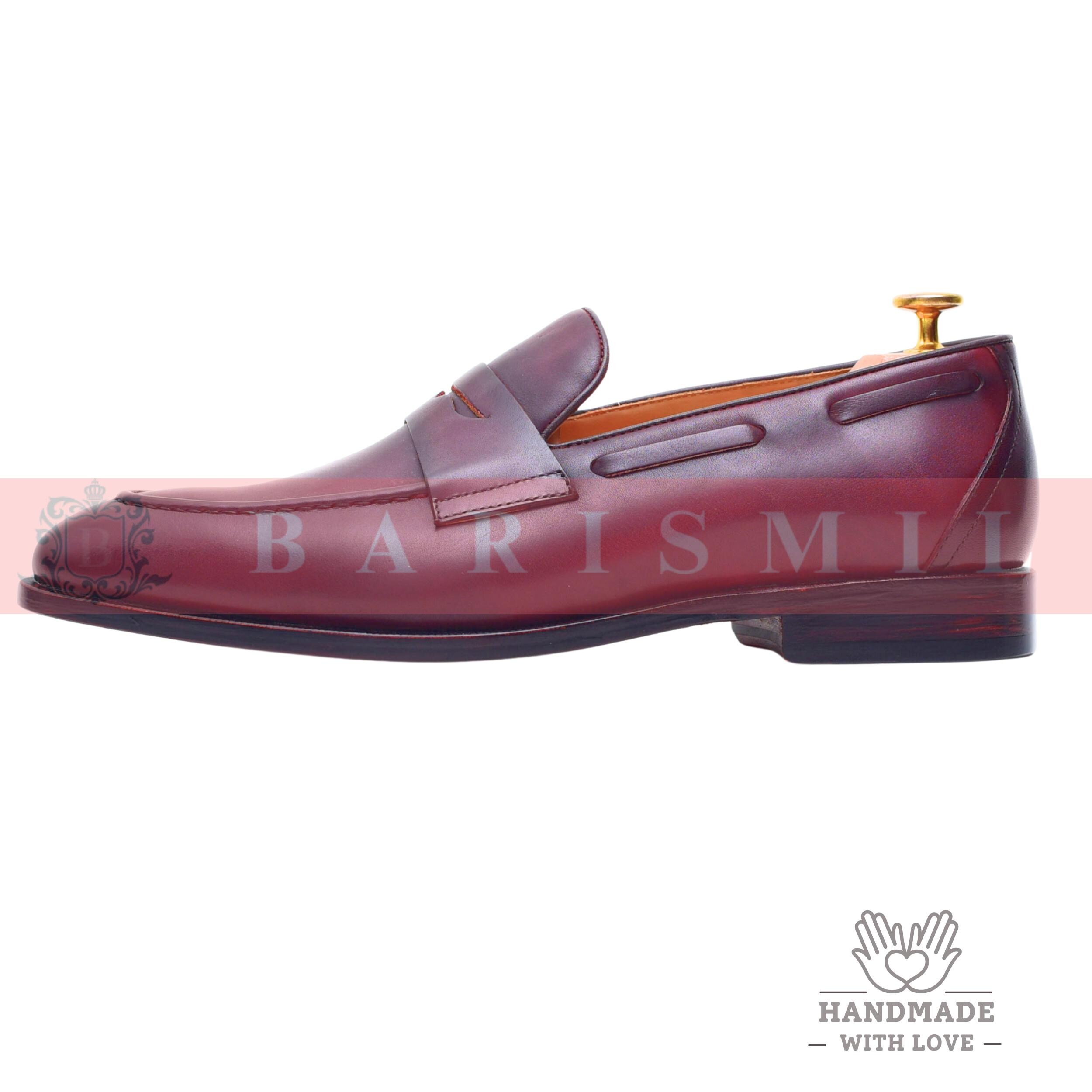 Handmade Burgundy Leather Penny Loafers: Men display picture 2