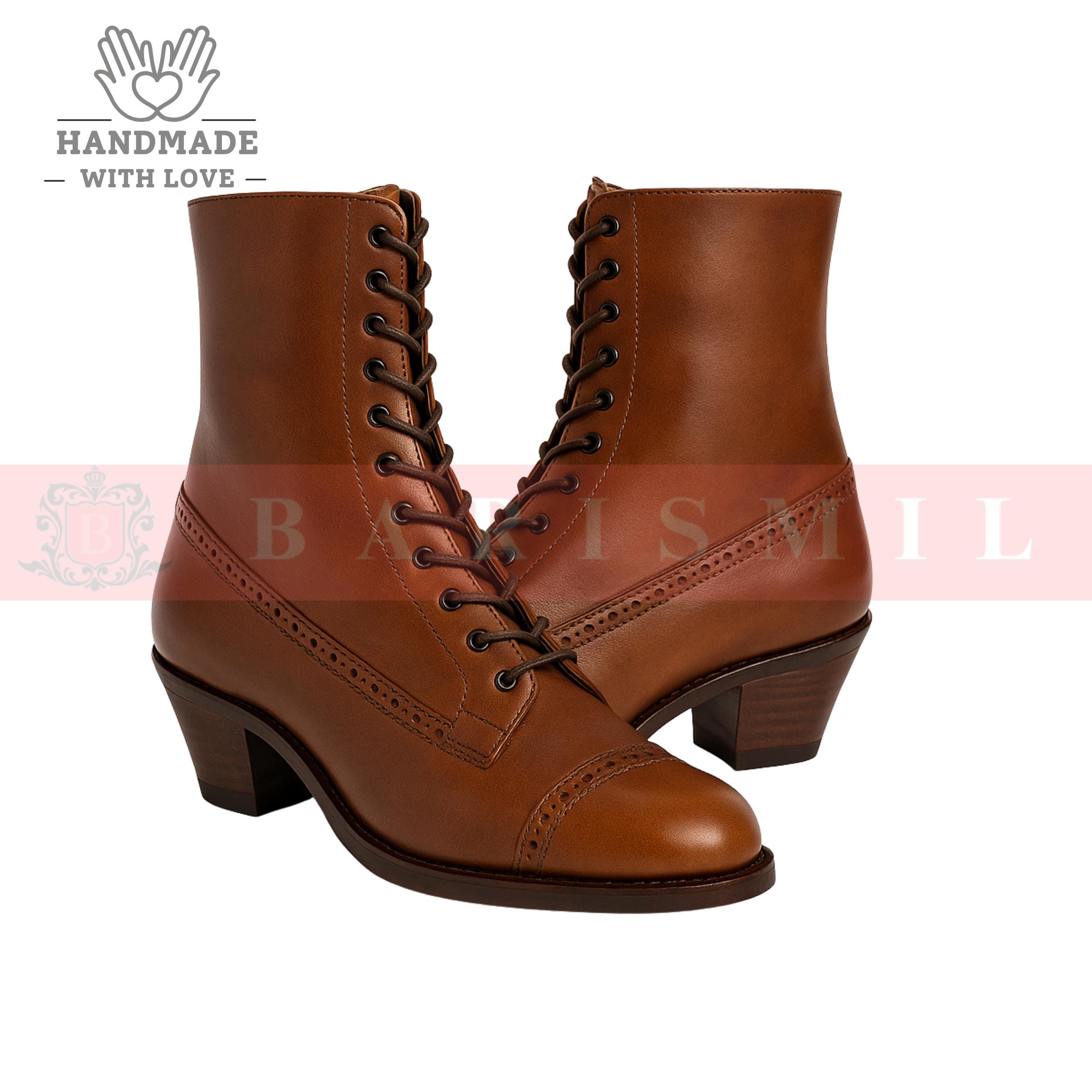 ladies brown dress boots Handmade Leather Lace-Up Boots: Victorian Ankle Booties for Women These ankle bfcm special FARM Rio Colorful Dress, Color:Forest
