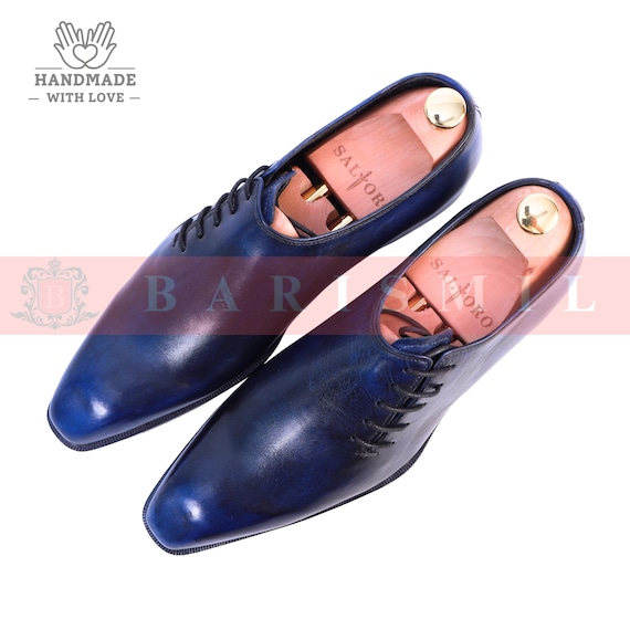 Handmade Navy Blue Oxford Dress Shoes: Side Lace Whole Cut Men Wedding Shoes.
