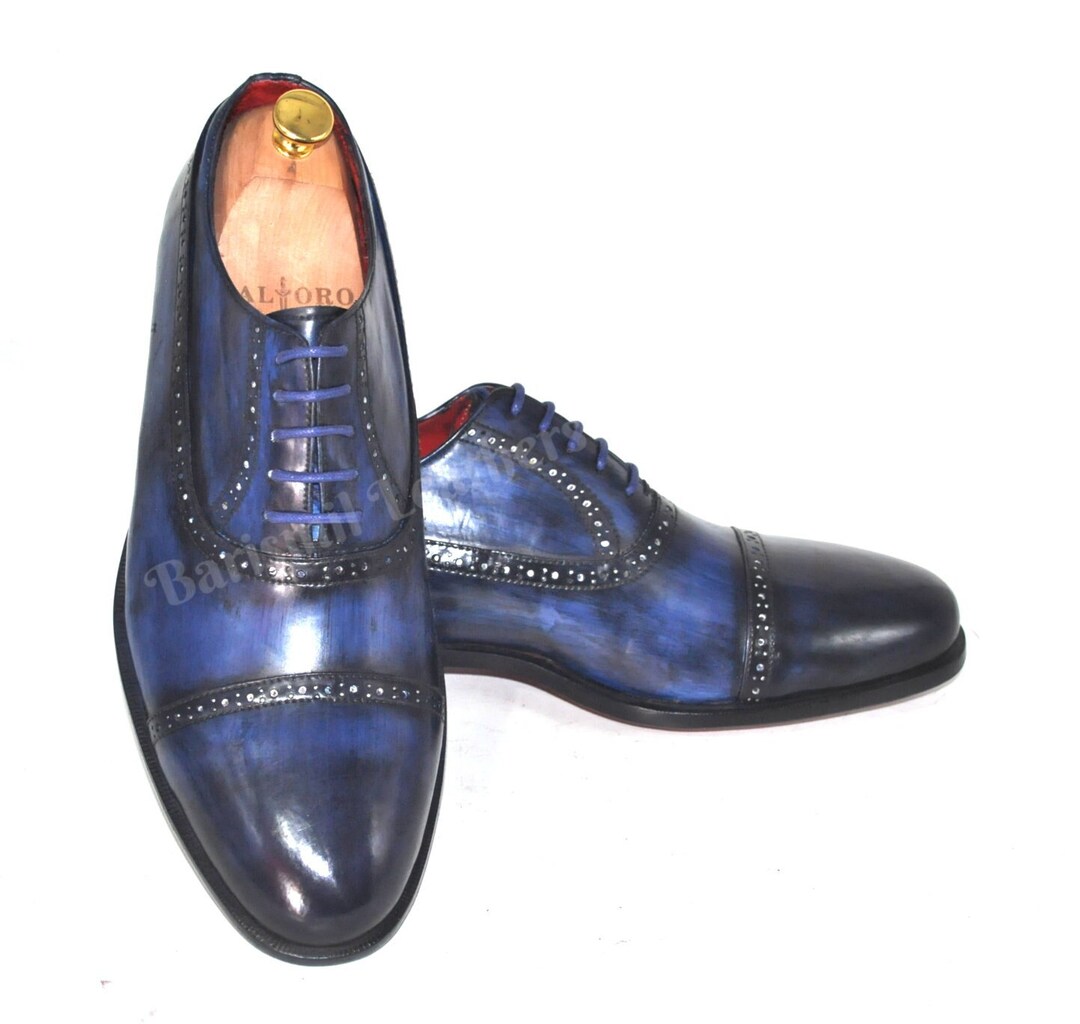 Unique Blue Patina Leather Shoes | Handmade Men Dress Shoes | Men Lace