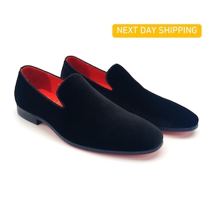Men&#39;s Handcrafted Black Velvet Slipper Loafers - Black Slip-on Loafers Dress Shoes - Men Fashion Tuxedo Loafer Shoes - Wedding Prom Shoes.