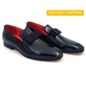 Men&#39;s Black Patent Leather Opera Pump Loafers - Handcrafted Formal Wedding Bow Loafers - Patent Leather Tuxedo Loafers - Prom Formal Loafers