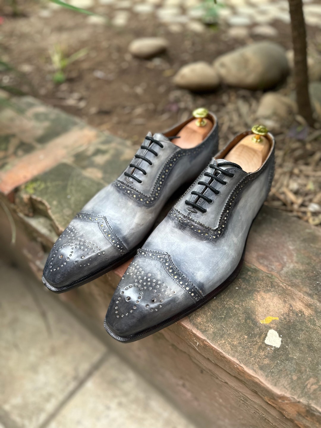 Men's Handmade Grey Patina Leather Oxford Dress Shoes - Groom Wedding Shoes Men's Handmade Grey Patina Leather Oxford Dress Shoes - Groom Wedding Shoes