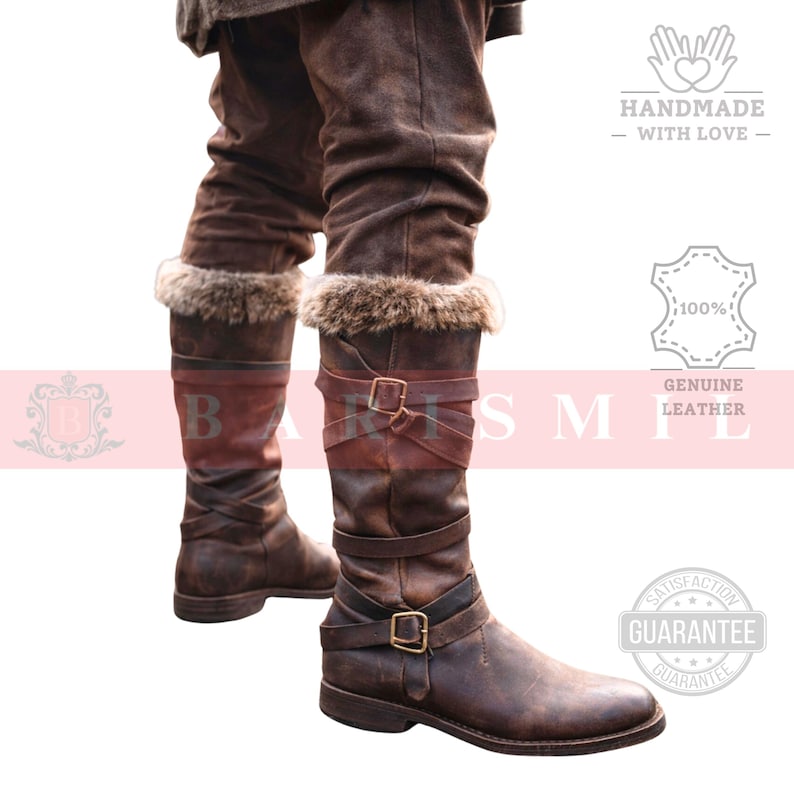 May include: Brown leather knee-high boots with fur trim at the top. The boots have multiple straps with buckles and a distressed finish. The image also includes text that says "Handmade with Love" and "Genuine Leather".