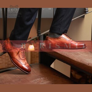 Handmade Tan Patina Oxford Shoes: Goodyear Welted Wholecut Leather Dress Shoes image 2