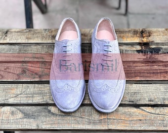 Zapatos Oxford de ante lila hechos a mano: Zapatos de vestir con punta de ala para mujer