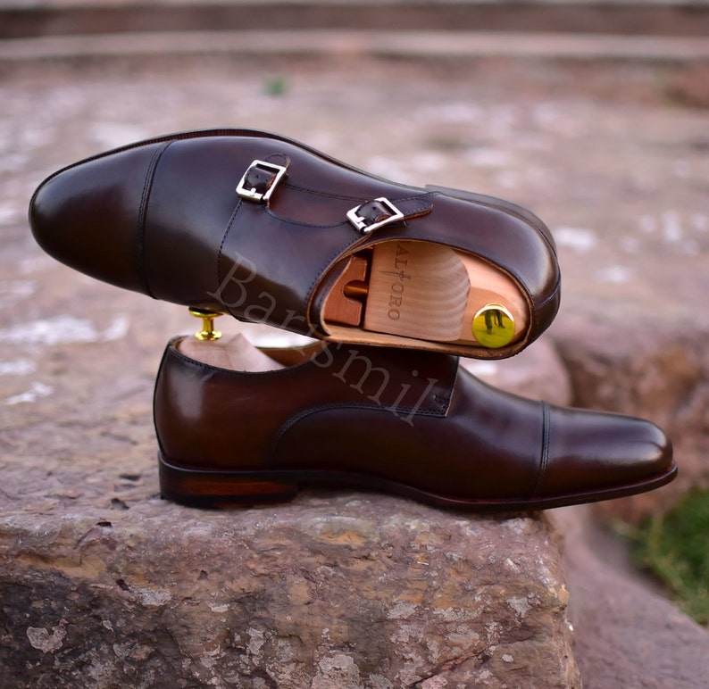 premium quality brown leather double monk shoes burnished leather men dress shoes