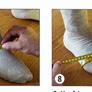 May include: A person's foot is measured with a yellow tape measure. The tape measure is wrapped around the ankle and the foot. The person is wearing white socks.